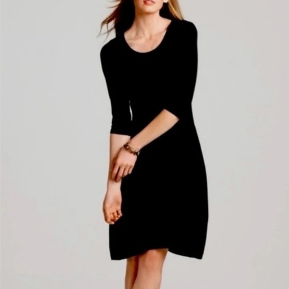 Eileen Fisher A-Line 3/4 Sleeve Scoop Neck Stretch Black Dress Size L